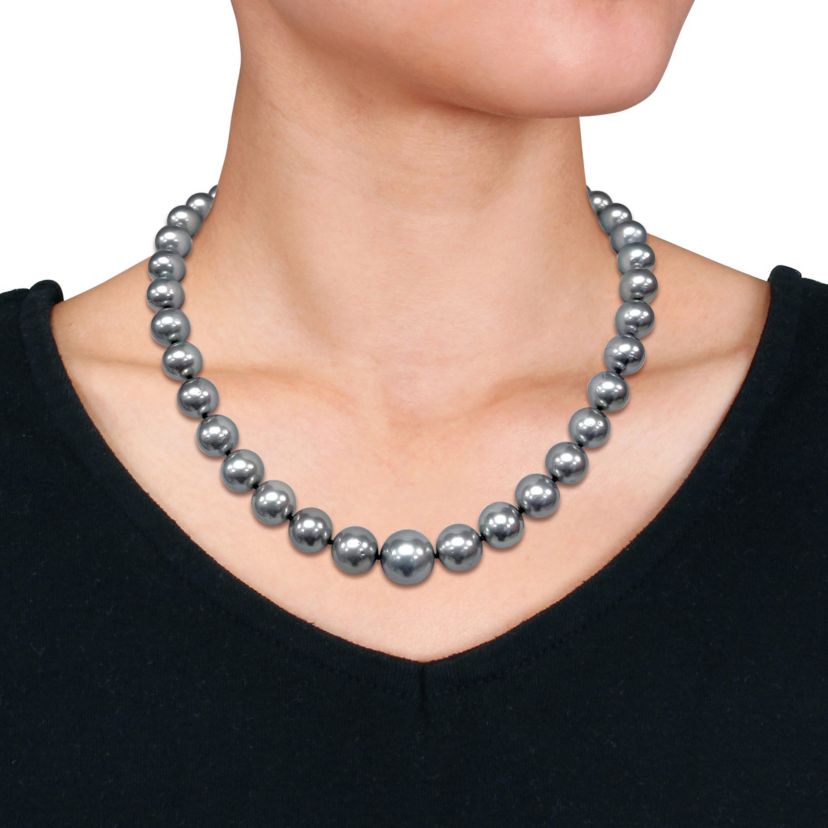 10-12mm Platinum Tahitian Cultured Pearl Necklace with 14K White Gold Ball Clasp with Diamond Accent