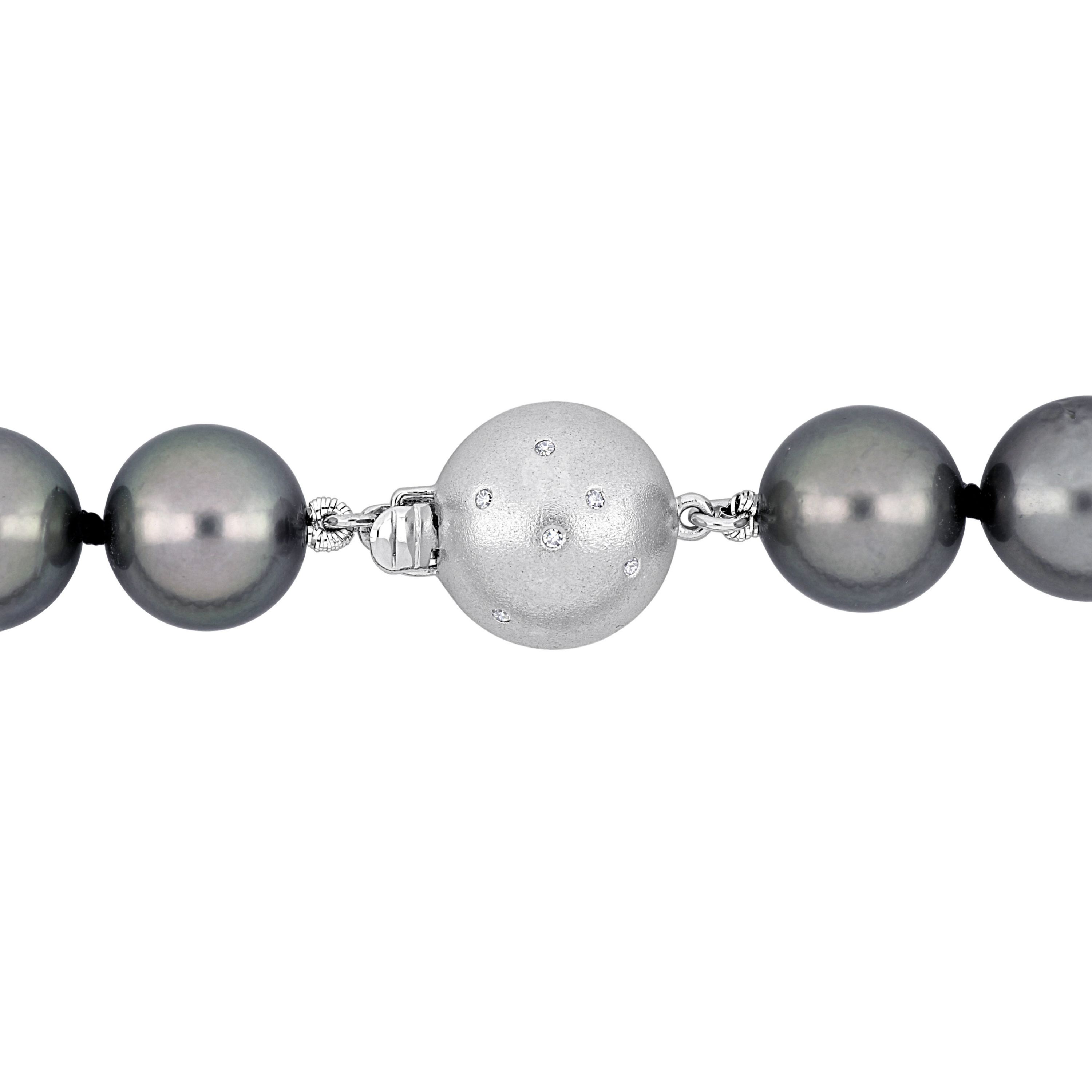10-12mm Platinum Tahitian Cultured Pearl Necklace with 14K White Gold Ball Clasp with Diamond Accent
