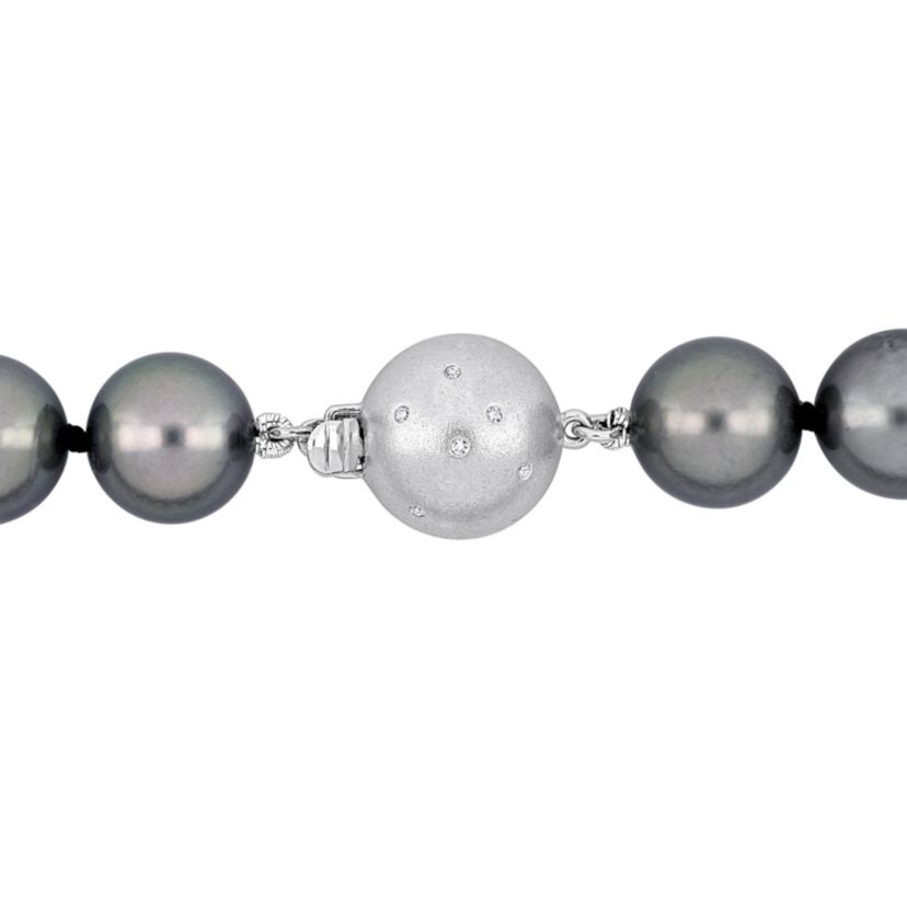 10-12mm Platinum Tahitian Cultured Pearl Necklace with 14K White Gold Ball Clasp with Diamond Accent
