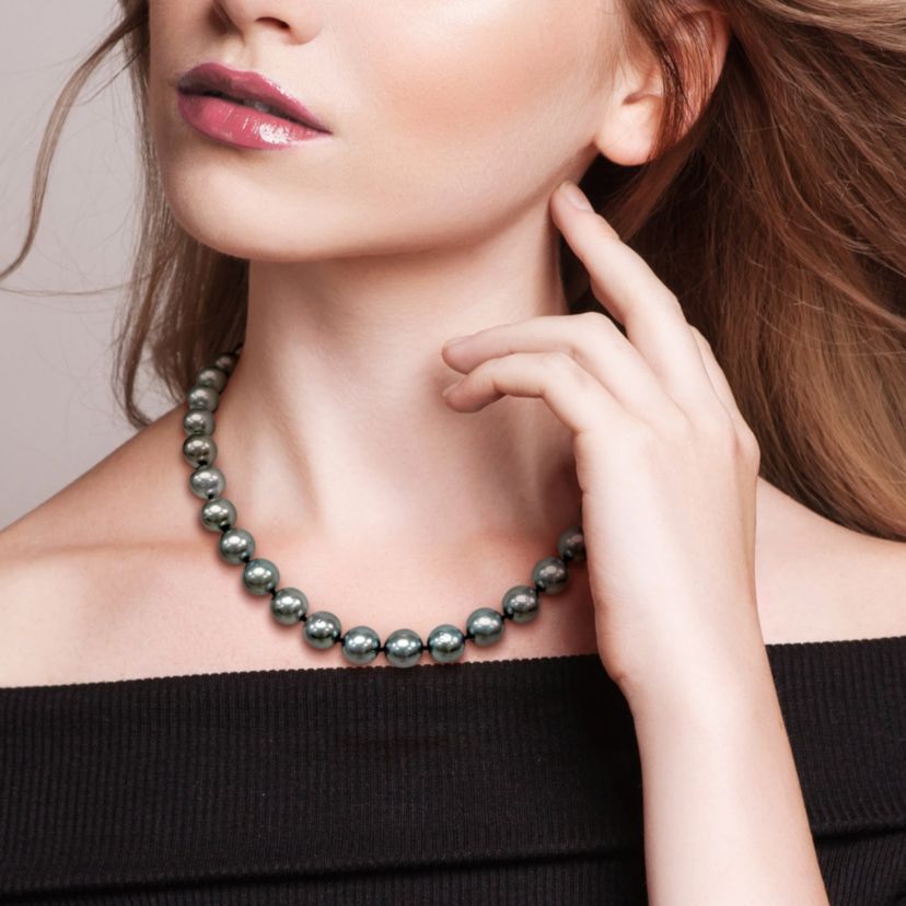 10-12mm Platinum Tahitian Cultured Pearl Necklace with 14K White Gold Ball Clasp with Diamond Accent