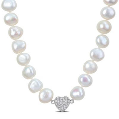 Haylee Jewels 11-12mm Freshwater Cultured Pearl and Cubic Zirconia Necklace with Sterling Silver Magnetic Heart Clasp, White, 20 in