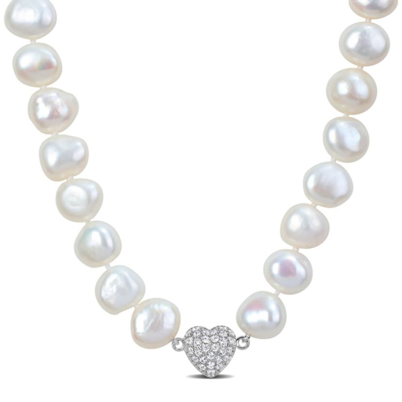 11-12mm Freshwater Cultured Pearl and Cubic Zirconia Necklace with Sterling Silver Magnetic Heart Clasp