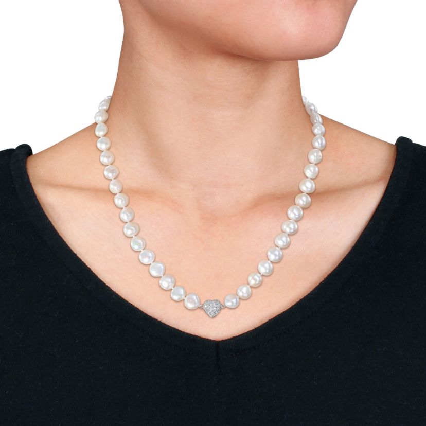 11-12mm Freshwater Cultured Pearl and Cubic Zirconia Necklace with Sterling Silver Magnetic Heart Clasp