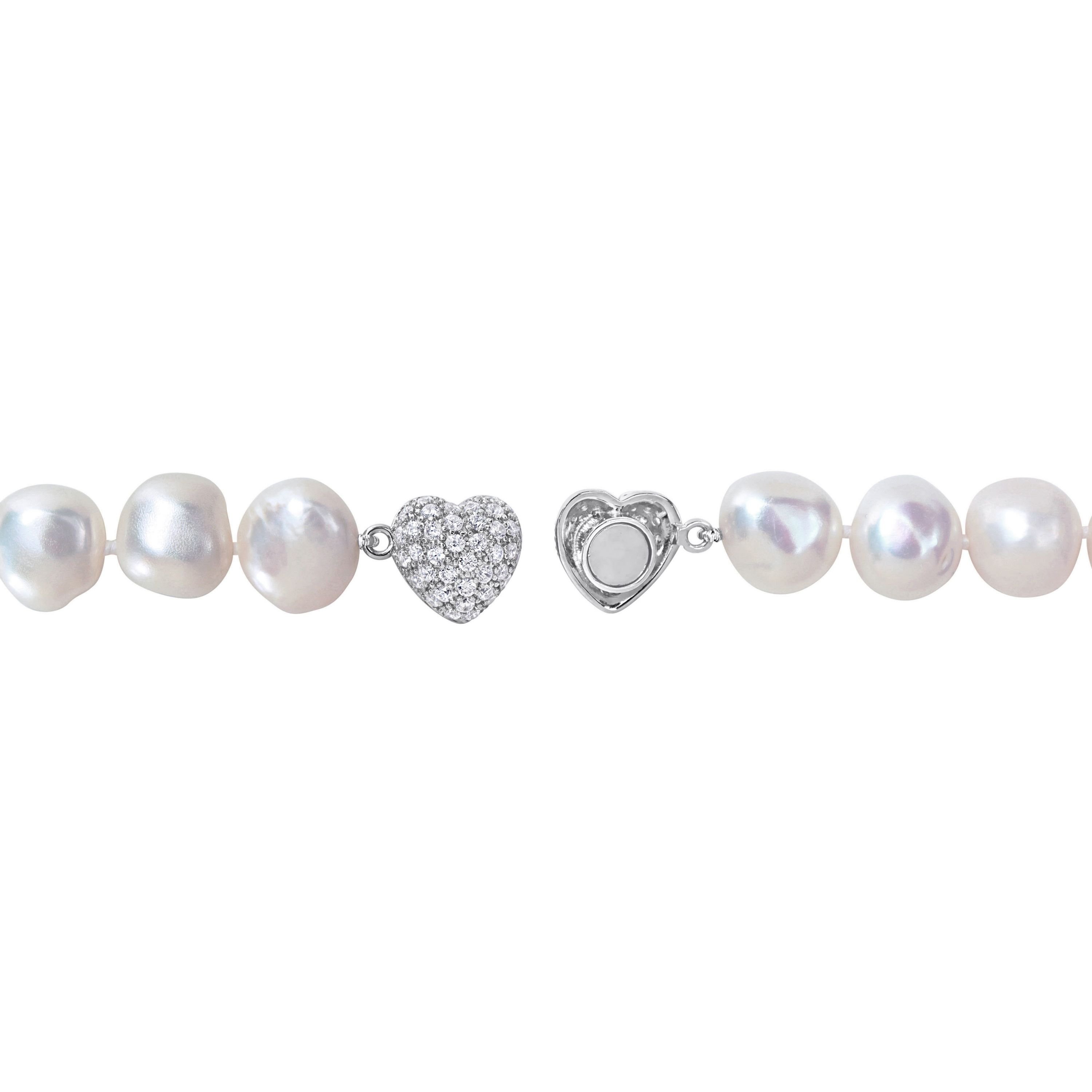 11-12mm Freshwater Cultured Pearl and Cubic Zirconia Necklace with Sterling Silver Magnetic Heart Clasp