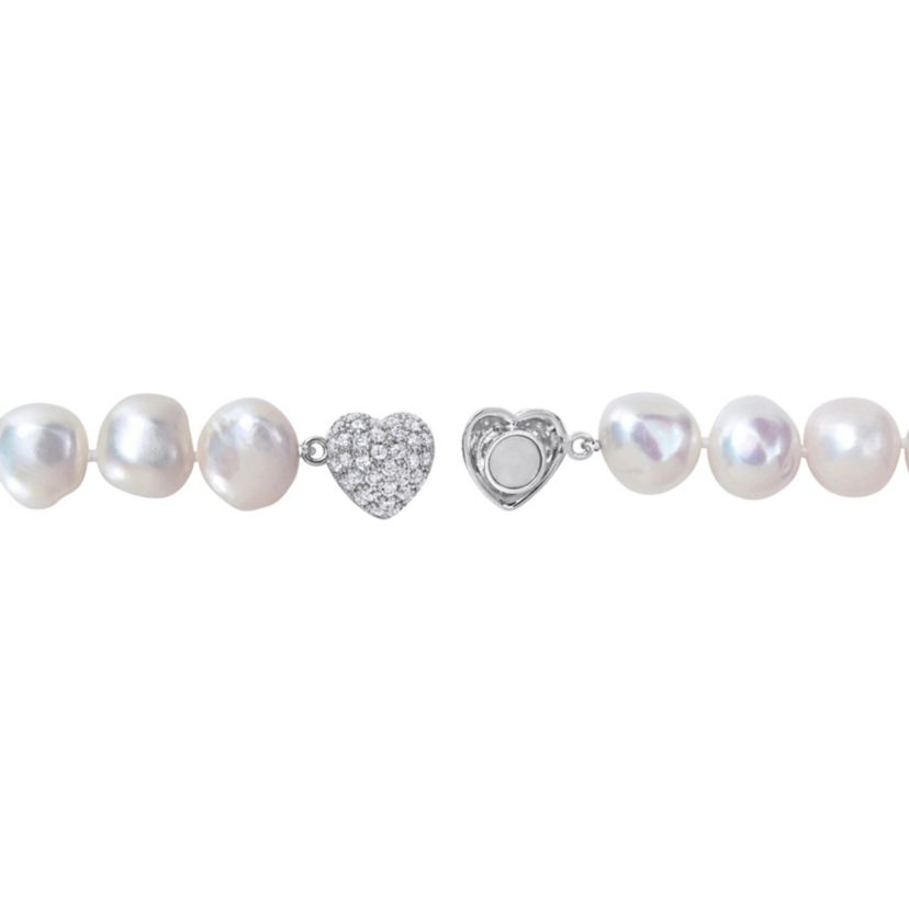 11-12mm Freshwater Cultured Pearl and Cubic Zirconia Necklace with Sterling Silver Magnetic Heart Clasp