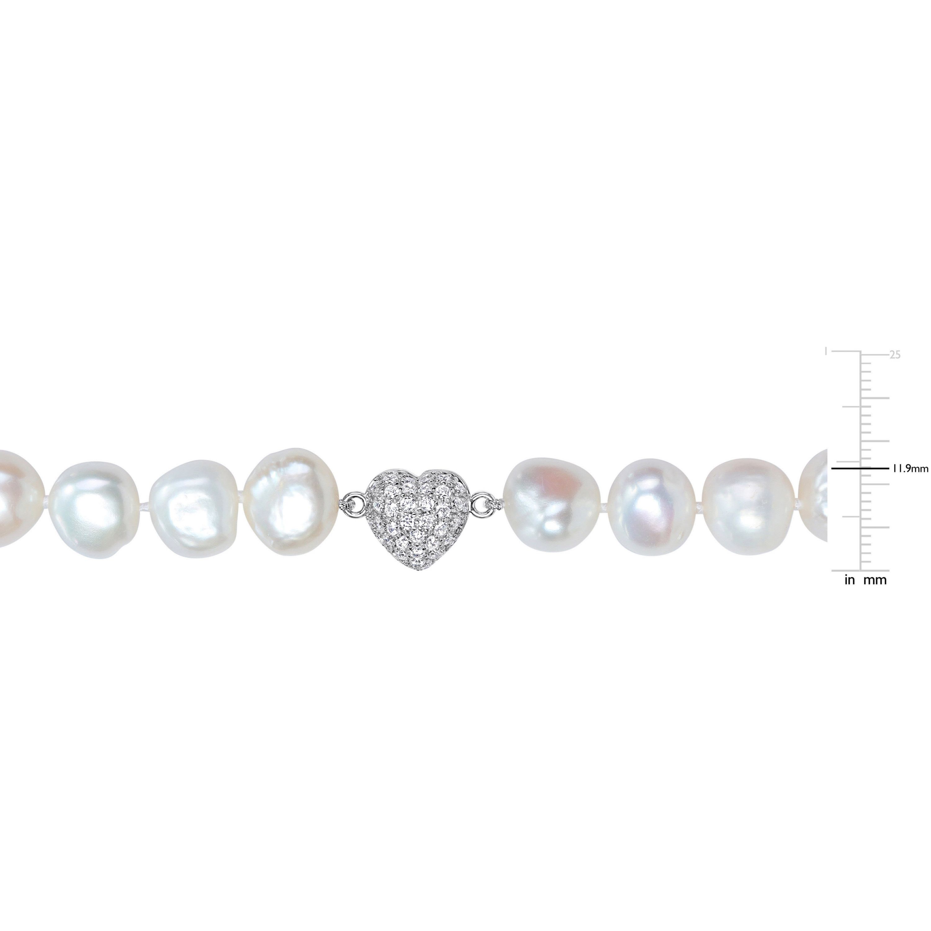 11-12mm Freshwater Cultured Pearl and Cubic Zirconia Necklace with Sterling Silver Magnetic Heart Clasp