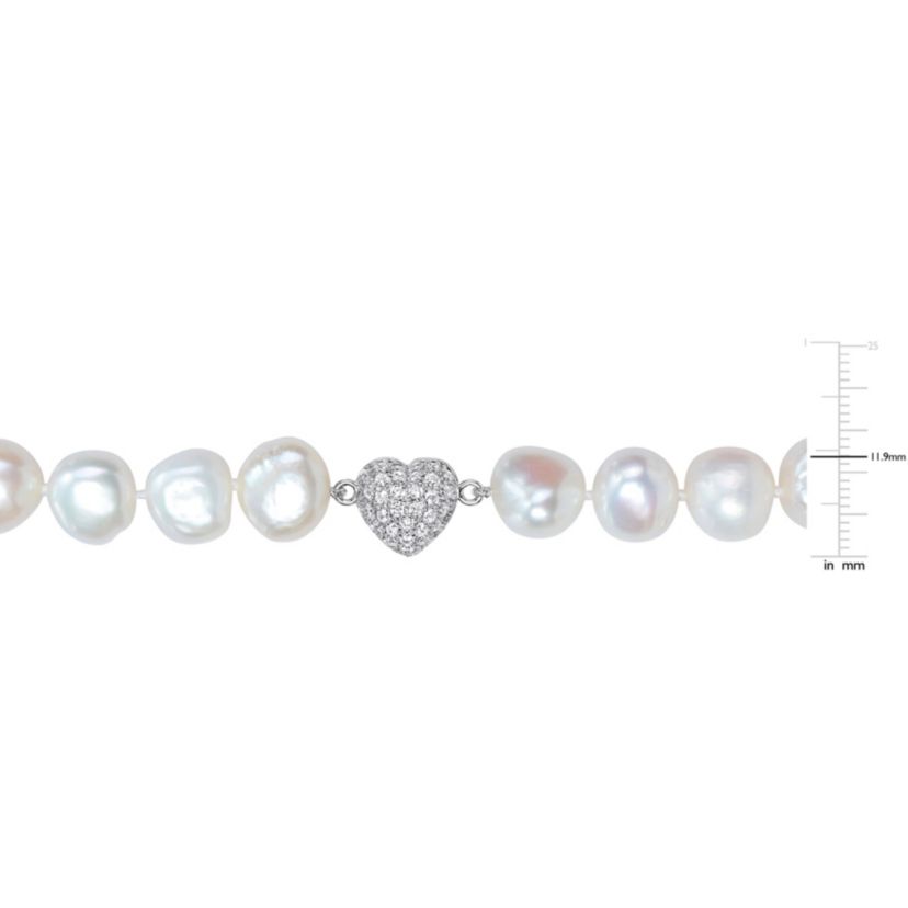 11-12mm Freshwater Cultured Pearl and Cubic Zirconia Necklace with Sterling Silver Magnetic Heart Clasp