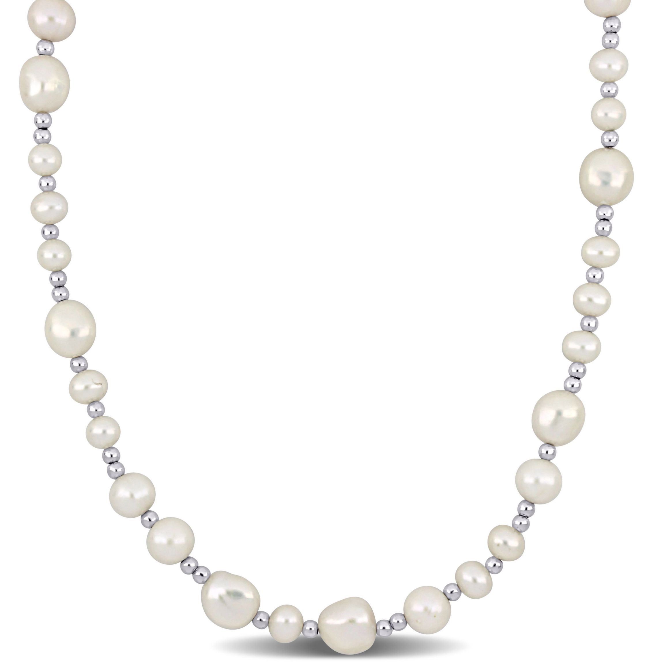 5-10mm Freshwater Cultured Pearl Necklace with Silvertone Beads