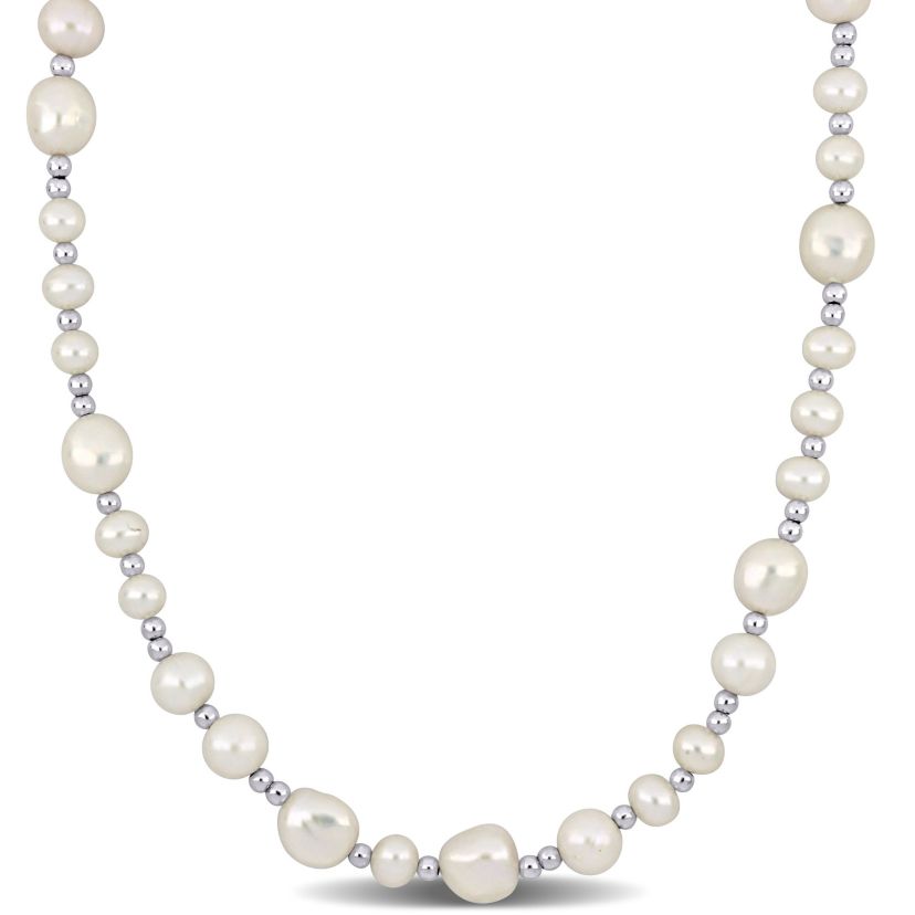 5-10mm Freshwater Cultured Pearl Necklace with Silvertone Beads