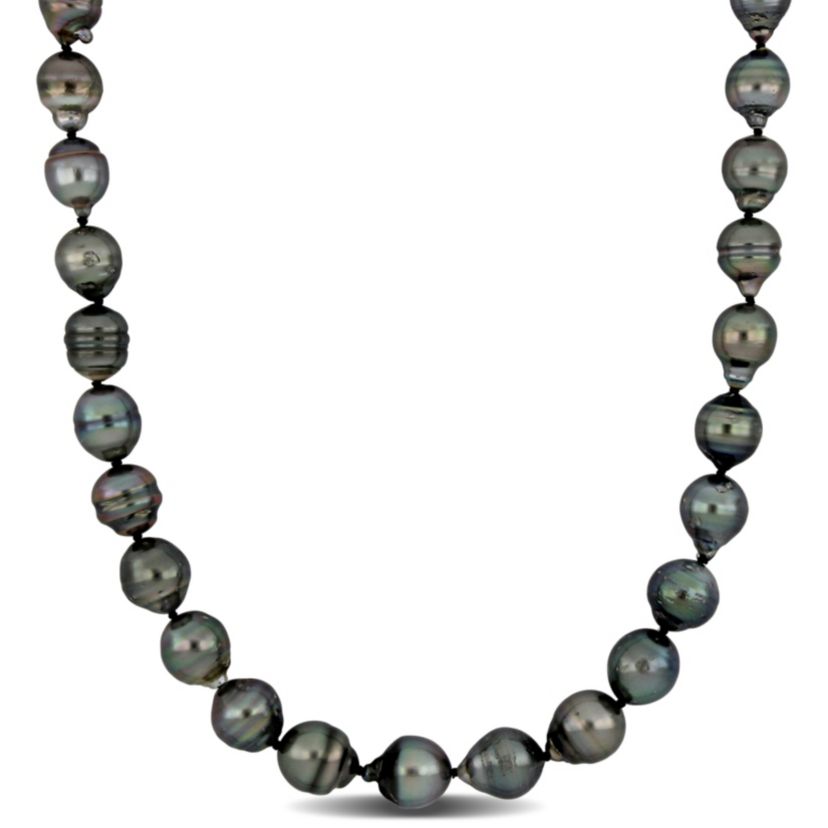 8-10mm Black Tahitian Cultured Pearl Necklace with 14K White Gold Ball Clasp