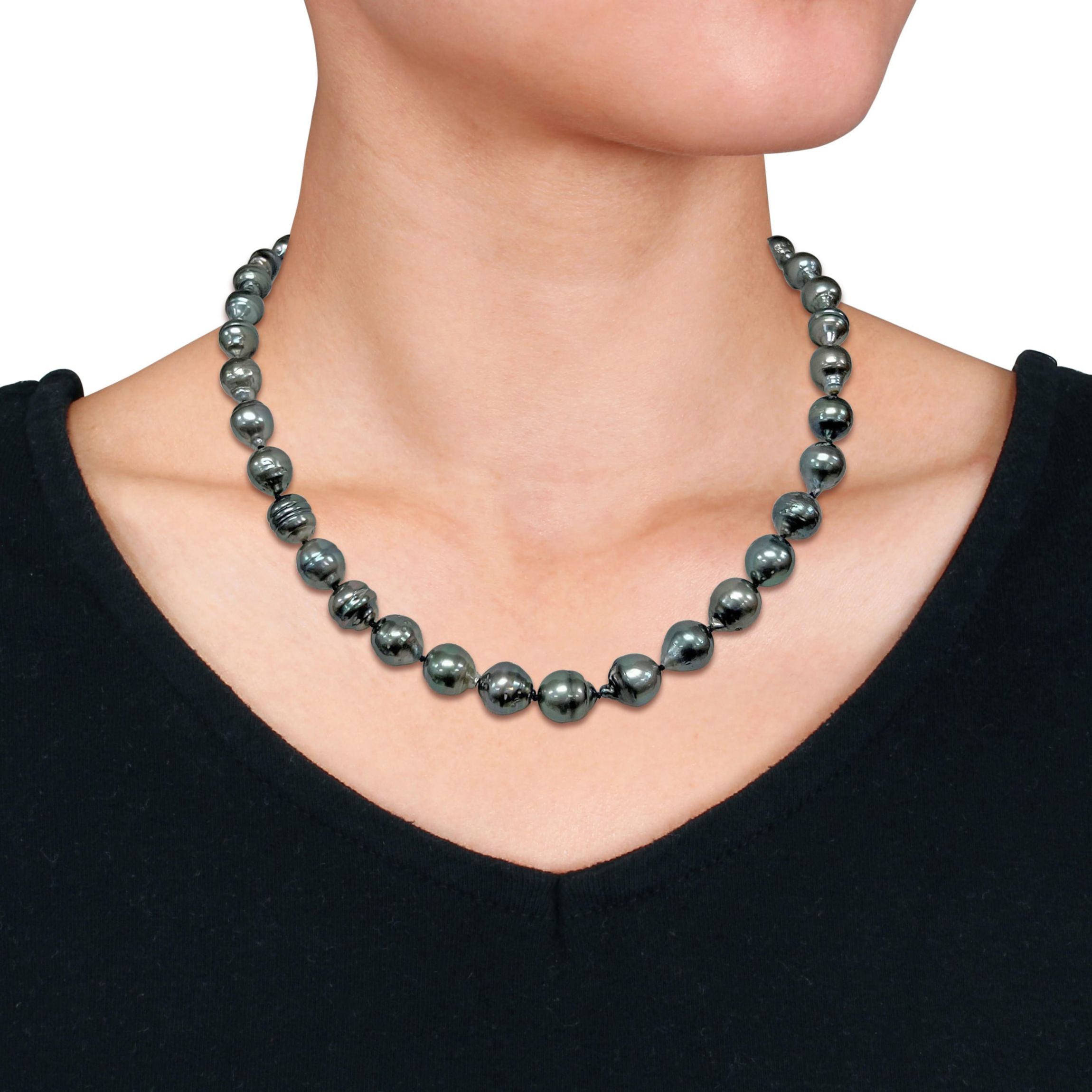 8-10mm Black Tahitian Cultured Pearl Necklace with 14K White Gold Ball Clasp