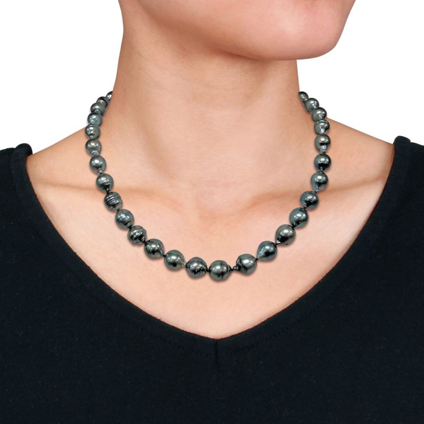 8-10mm Black Tahitian Cultured Pearl Necklace with 14K White Gold Ball Clasp