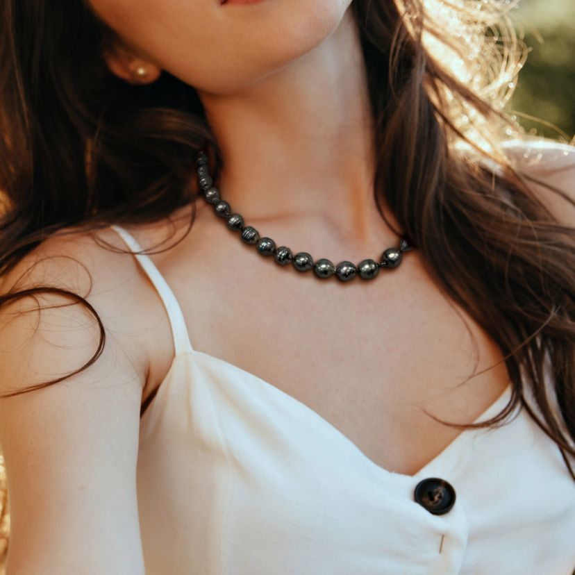 8-10mm Black Tahitian Cultured Pearl Necklace with 14K White Gold Ball Clasp