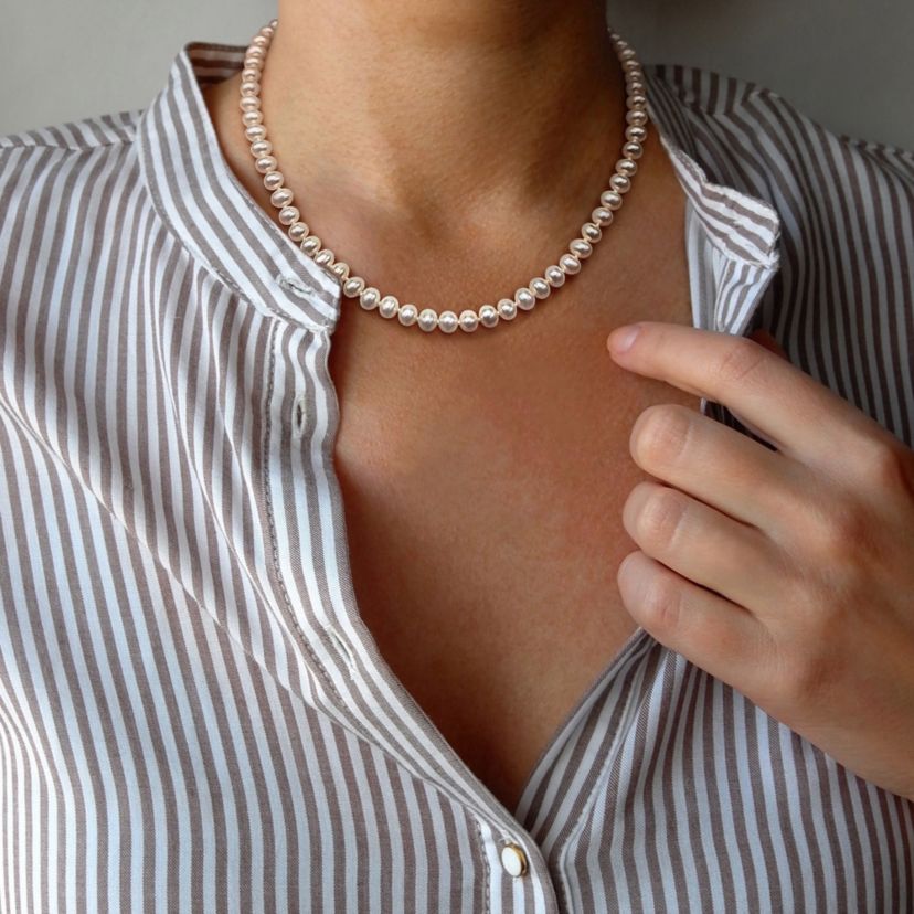 6-6.5mm Freshwater Cultured Pearl Necklace with 14K Yellow Gold Fisheye Clasp