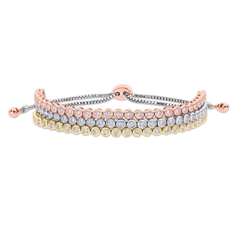 1.46 ct. t.w. Diamond Triple Row Adjustable Bolo Bracelet in 14K Tri-Tone Gold