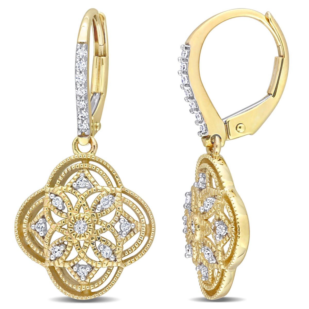 1/6 ct. t.w. Diamond Lace Floral Leverback Earrings in 10K Yellow Gold