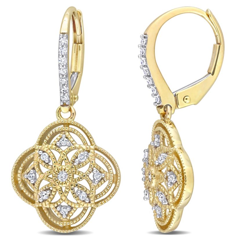 1/6 ct. t.w. Diamond Lace Floral Leverback Earrings in 10K Yellow Gold