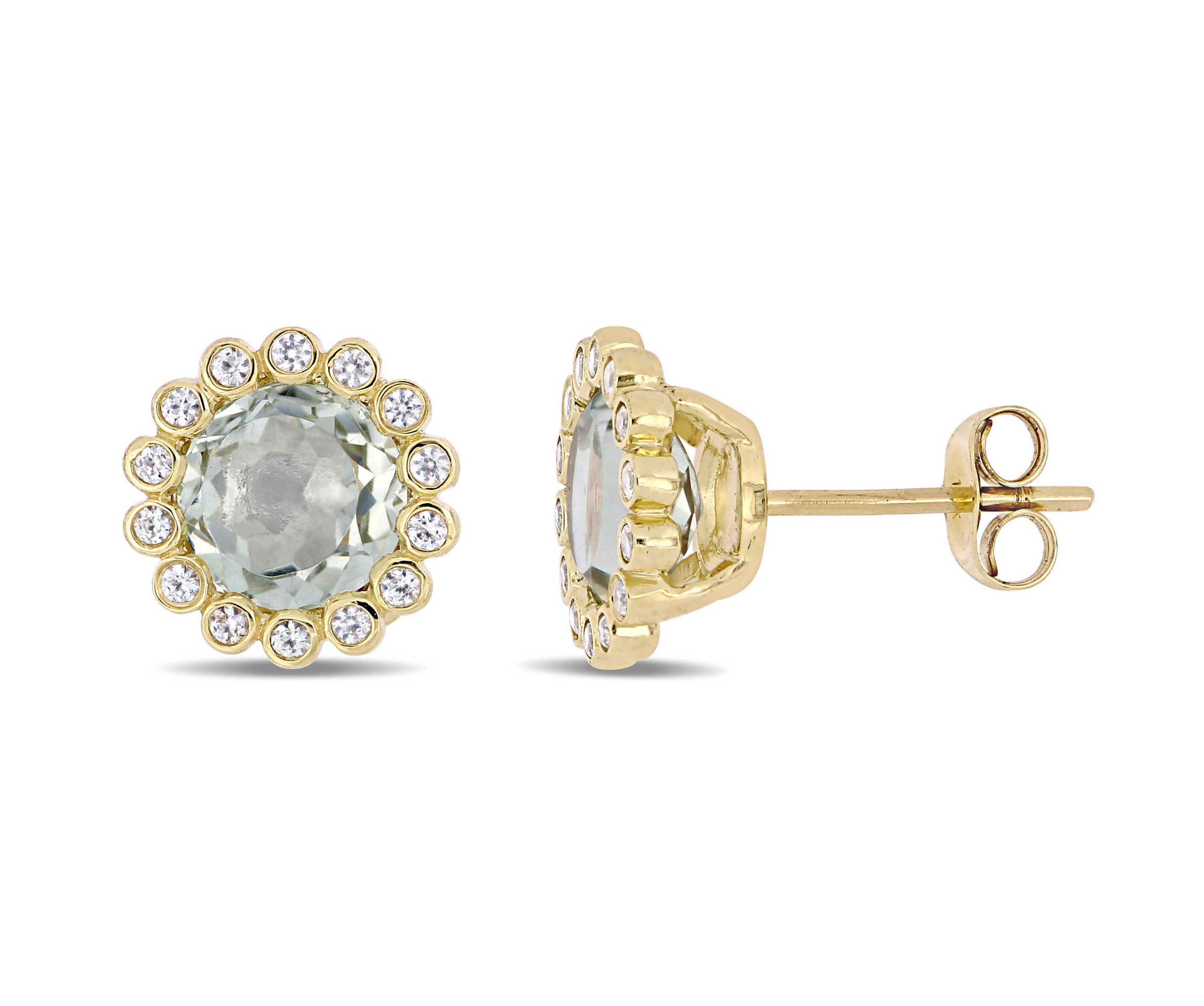 Green Quartz and White Sapphire Halo Stud Earrings in 10K Yellow Gold