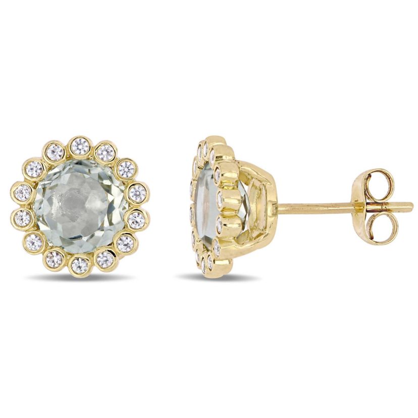 Green Quartz and White Sapphire Halo Stud Earrings in 10K Yellow Gold