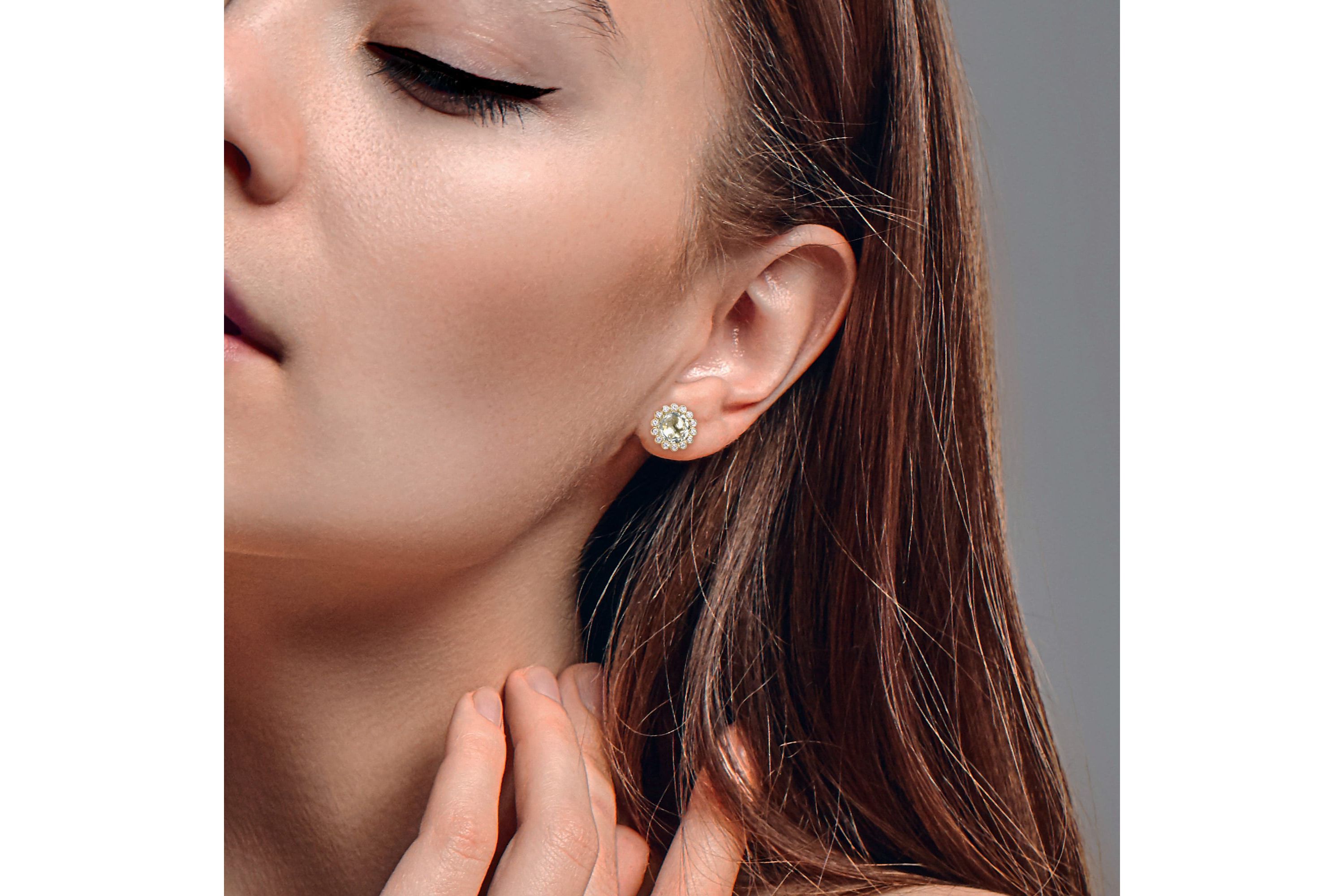 Green Quartz and White Sapphire Halo Stud Earrings in 10K Yellow Gold