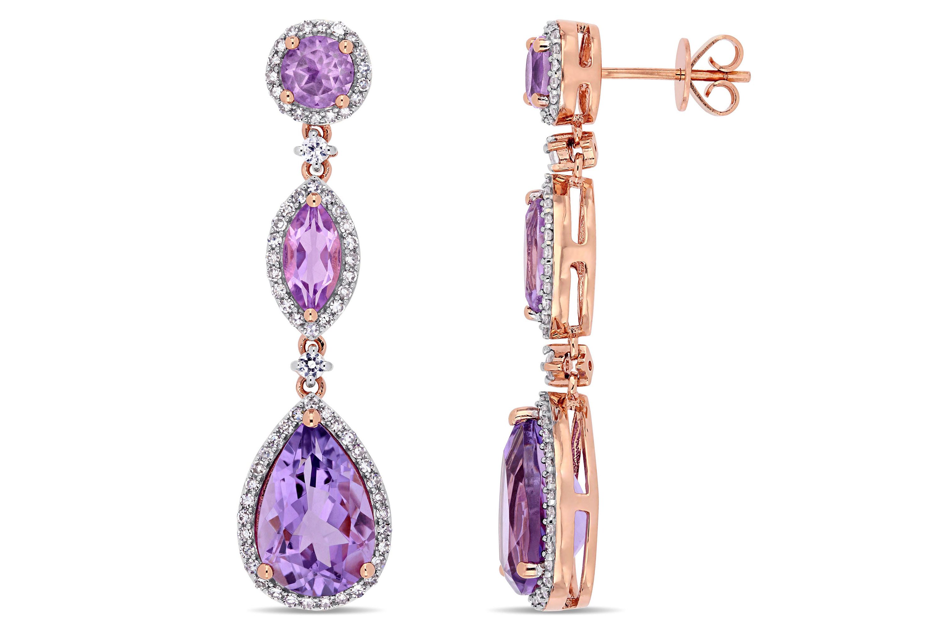 Amethyst, Rose de France and White Sapphire with 5/8 ct. t.w. Diamond Teardrop Earrings in 14K Rose Gold