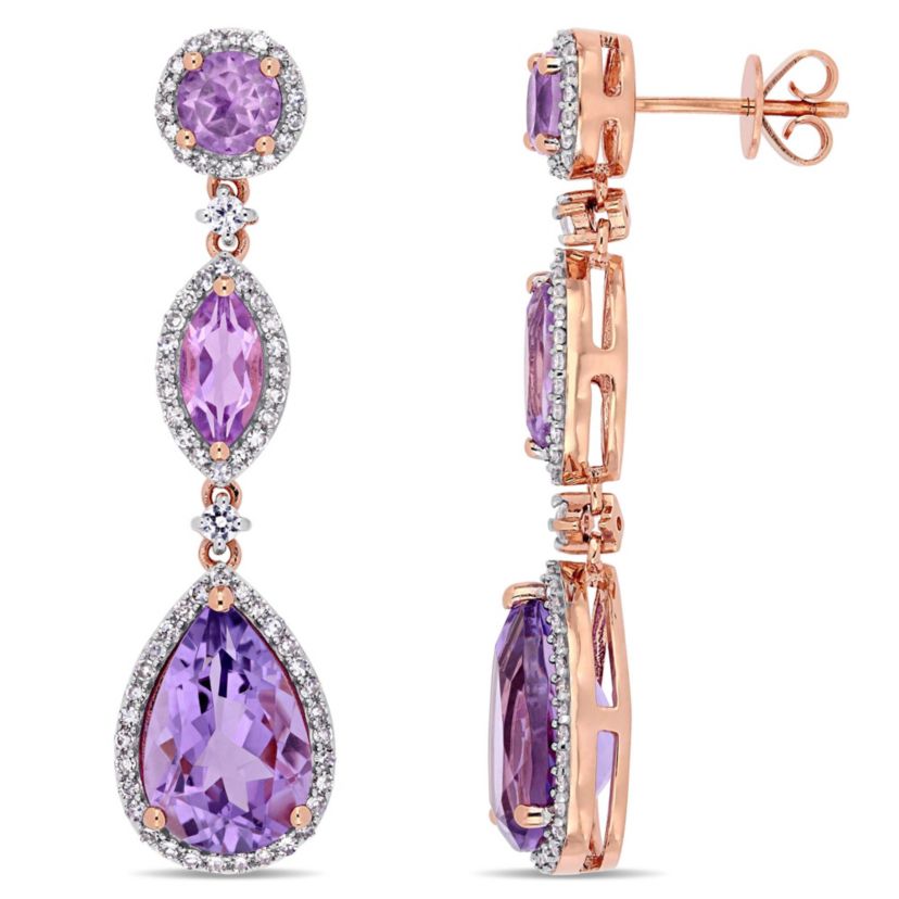 Amethyst, Rose de France and White Sapphire with 5/8 ct. t.w. Diamond Teardrop Earrings in 14K Rose Gold