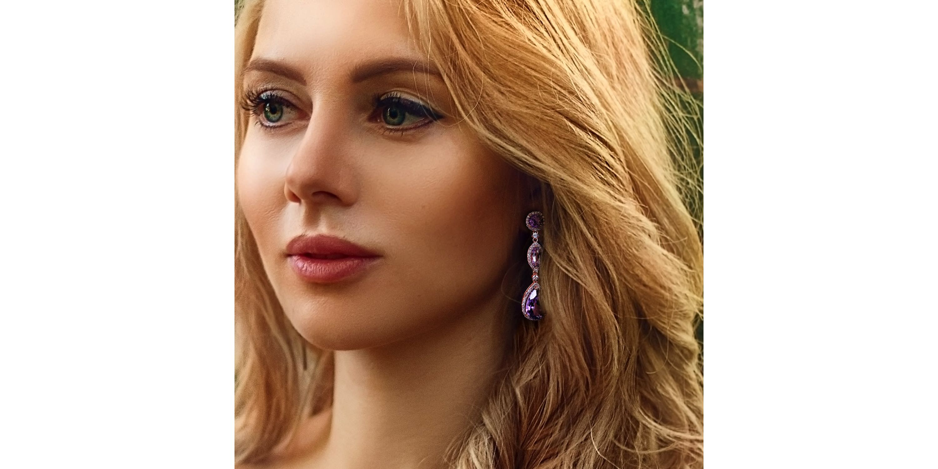 Amethyst, Rose de France and White Sapphire with 5/8 ct. t.w. Diamond Teardrop Earrings in 14K Rose Gold