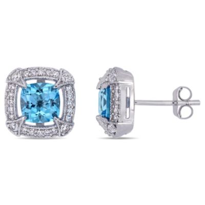 Belk & Co Swiss Blue Topaz and White Sapphire with 1/5 ct. t.w. Diamond Halo Stud Earrings in 10K White Gold -  5400426BLK011426