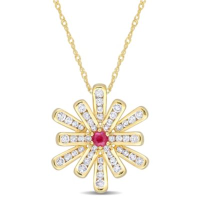 Belk & Co Ruby and White Topaz Floral Pendant with Chain in 10K Yellow Gold