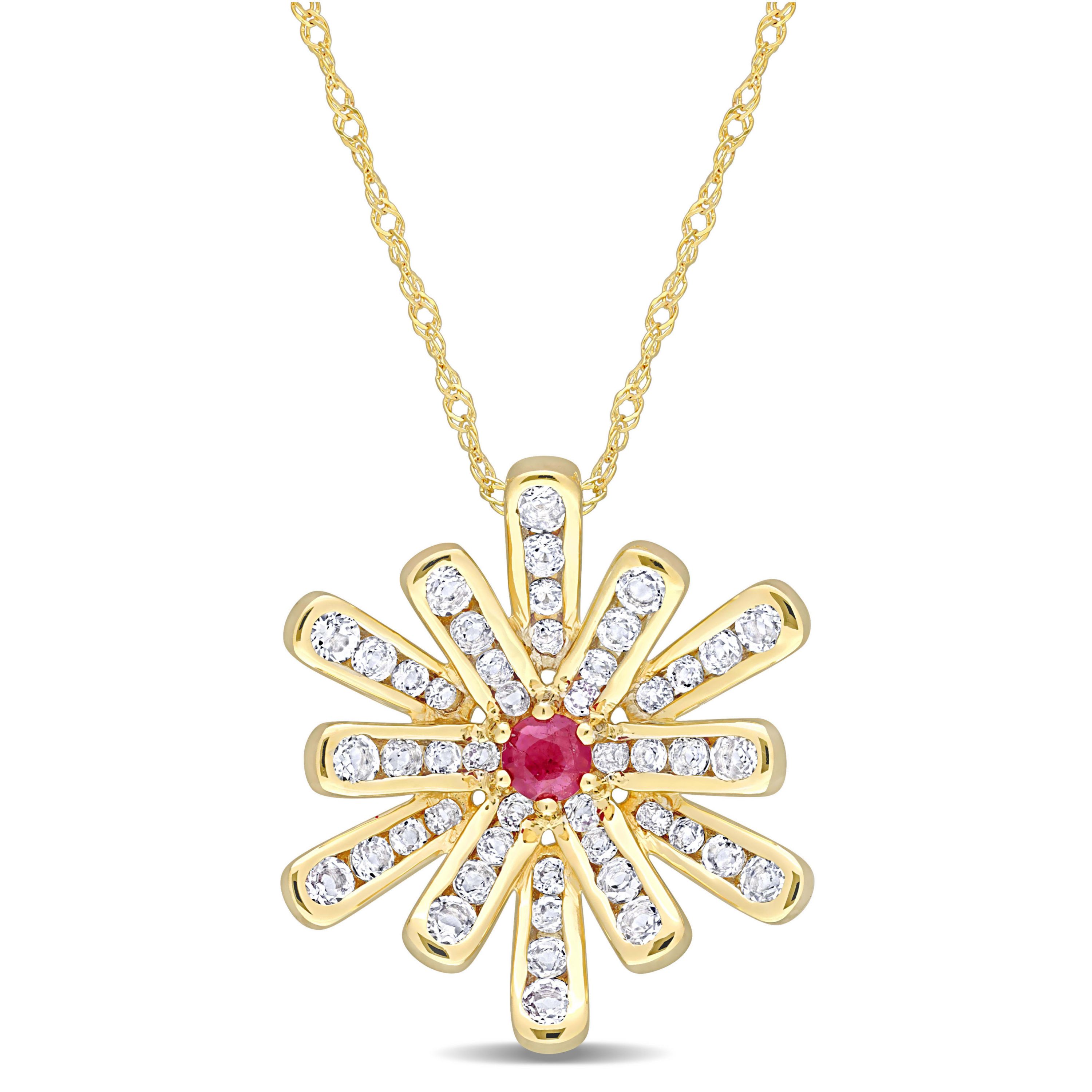 Ruby and White Topaz Floral Pendant with Chain in 10K Yellow Gold