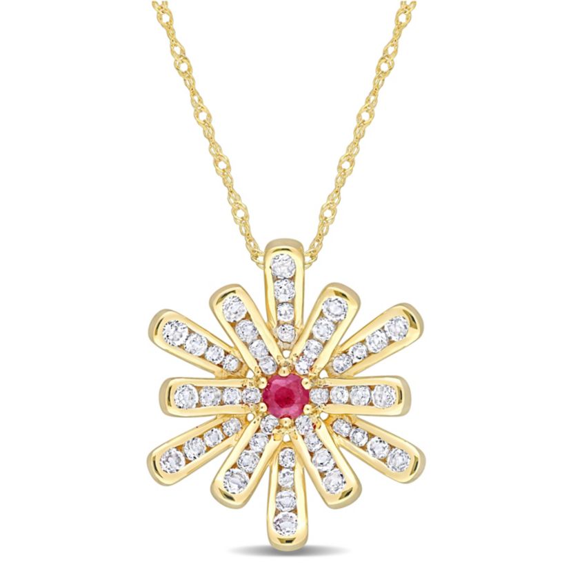 Ruby and White Topaz Floral Pendant with Chain in 10K Yellow Gold