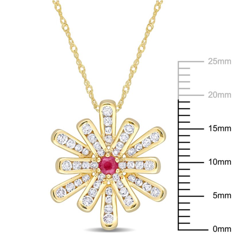 Ruby and White Topaz Floral Pendant with Chain in 10K Yellow Gold