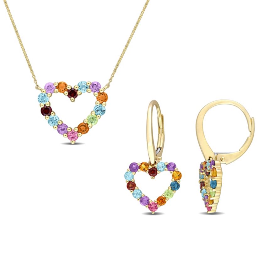 2-Pc Set of Multi-Gemstones Open Heart Earrings and Necklace in 10K Yellow Gold