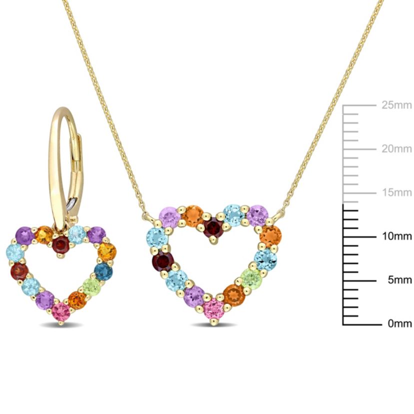 2-Pc Set of Multi-Gemstones Open Heart Earrings and Necklace in 10K Yellow Gold