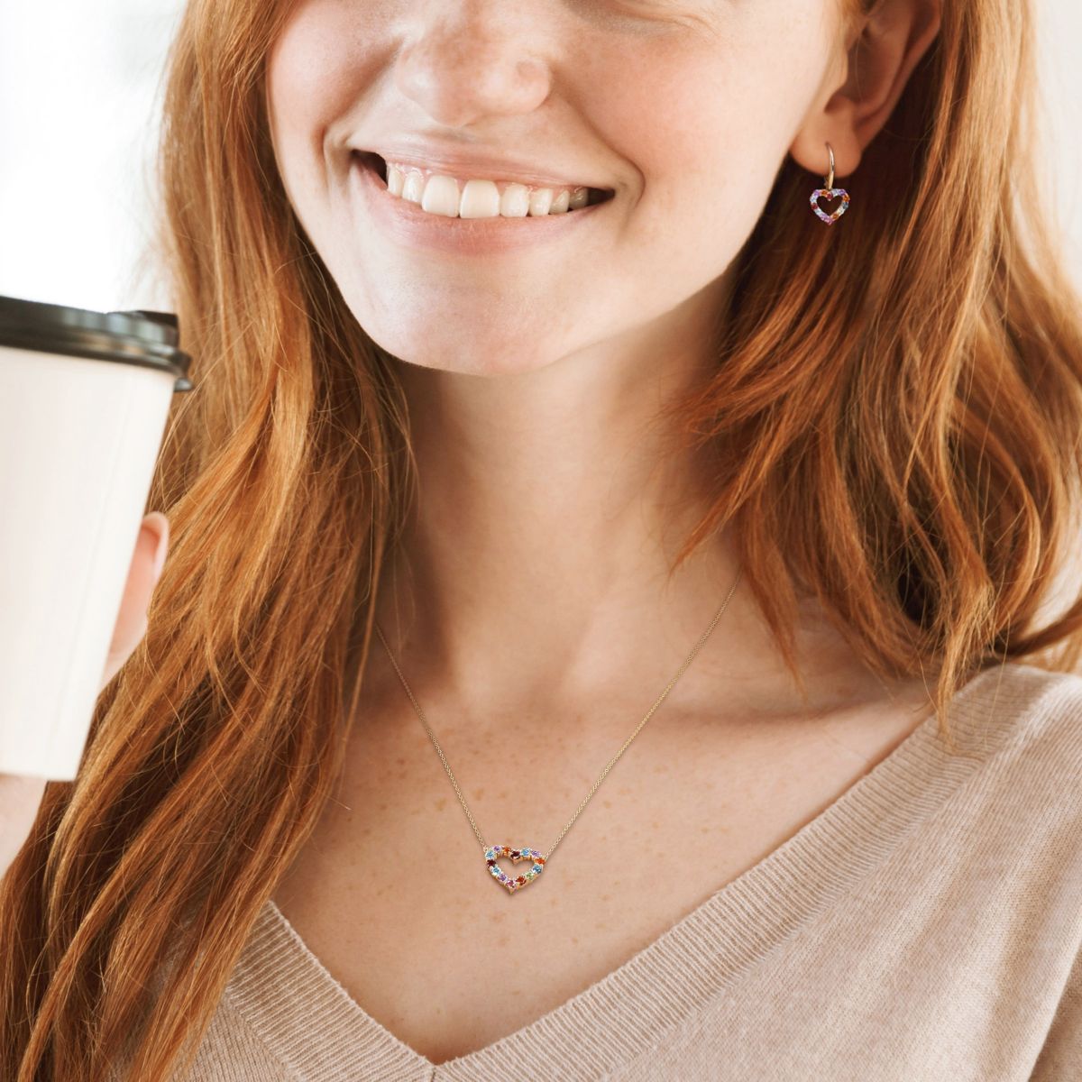 2-Pc Set of Multi-Gemstones Open Heart Earrings and Necklace in 10K Yellow Gold