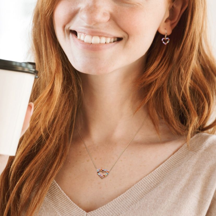 2-Pc Set of Multi-Gemstones Open Heart Earrings and Necklace in 10K Yellow Gold