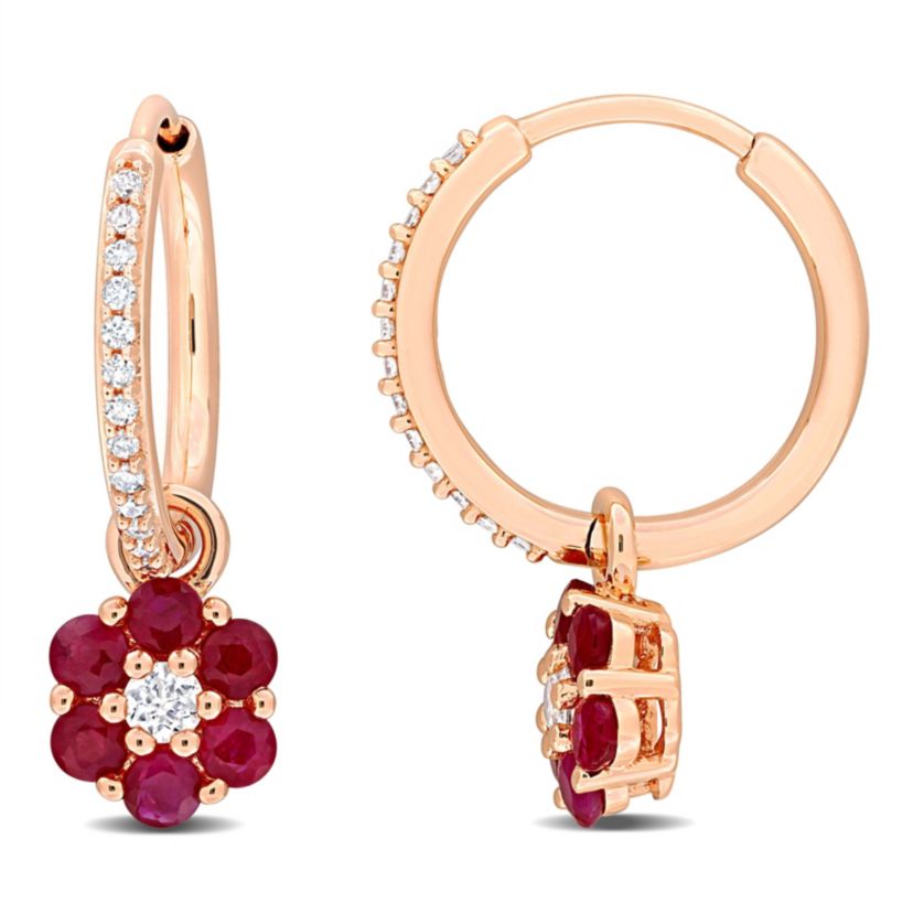 Ruby and White Sapphire with 1/8 ct. t.w. Diamond Floral Earrings in 10K Rose Gold