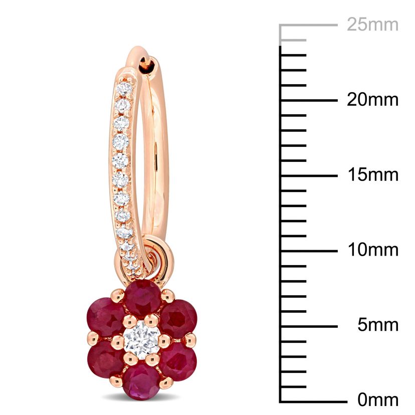 Ruby and White Sapphire with 1/8 ct. t.w. Diamond Floral Earrings in 10K Rose Gold