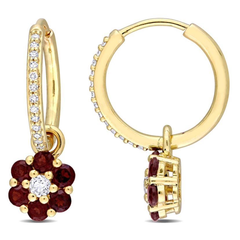 Garnet and White Sapphire with 1/8 ct. t.w. Diamond Floral Earrings in 10K Yellow Gold