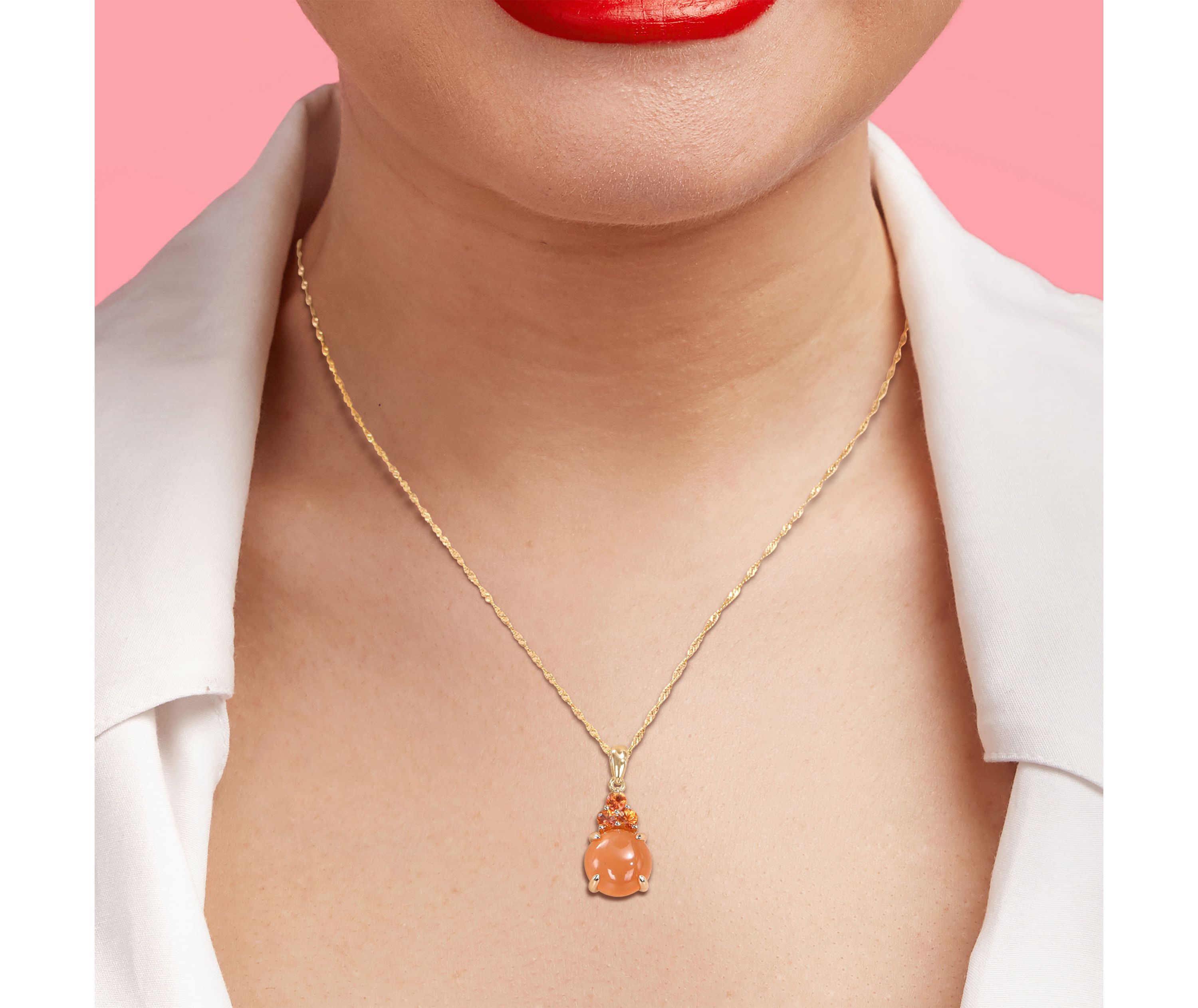 Orange Moonstone and Orange Sapphire Pendant with Chain in 14K Yellow Gold