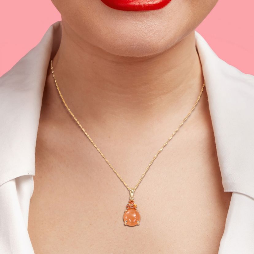 Orange Moonstone and Orange Sapphire Pendant with Chain in 14K Yellow Gold