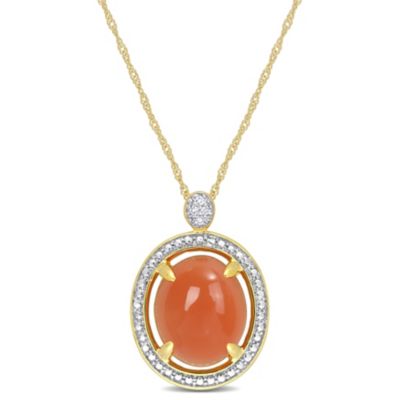 Belk & Co Orange Moonstone and Diamond Accent Halo Pendant with Chain in 14K Yellow Gold