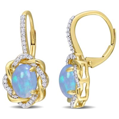 Belk & Co Blue Ethiopian Opal and 1/4 ct. t.w. Diamond Halo Earrings in 10K Yellow Gold