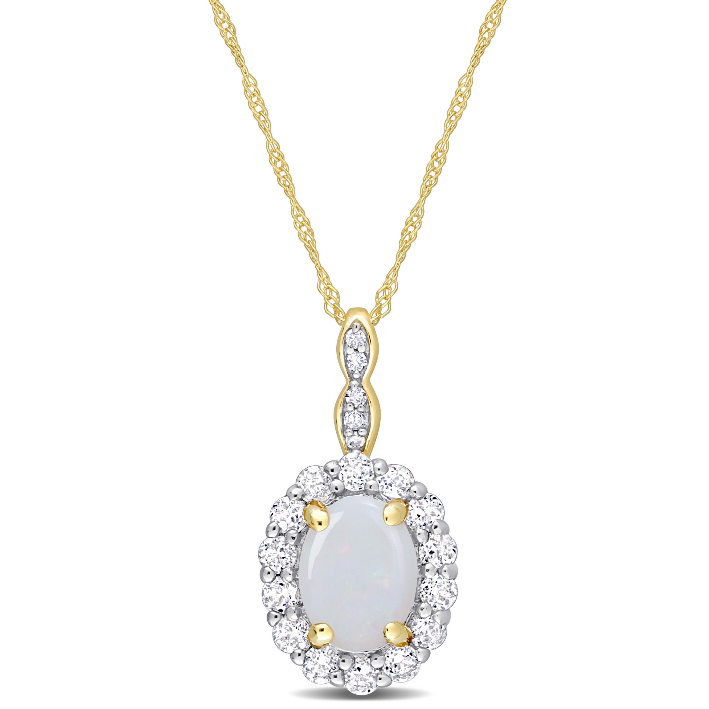 Opal and White Topaz with Diamond Accent Halo Pendant with Chain in 14K Yellow Gold