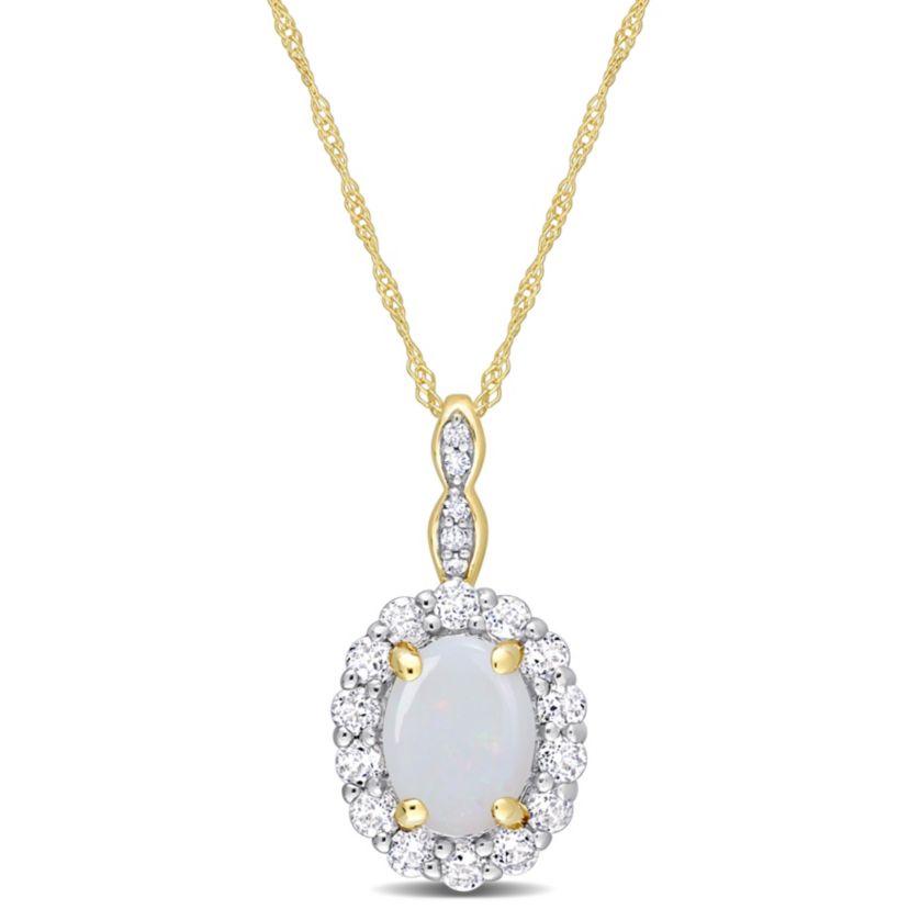 Opal and White Topaz with Diamond Accent Halo Pendant with Chain in 14K Yellow Gold