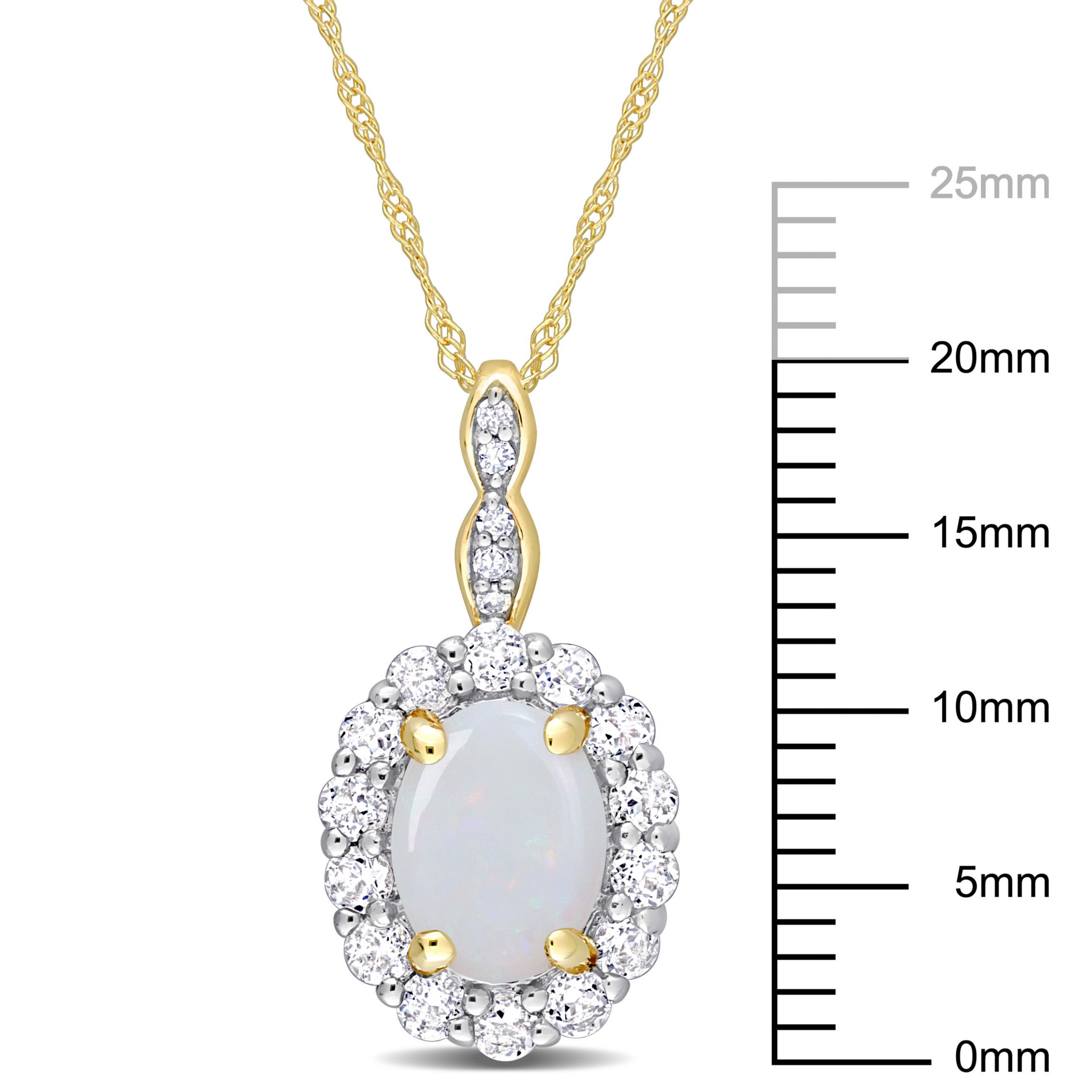 Opal and White Topaz with Diamond Accent Halo Pendant with Chain in 14K Yellow Gold