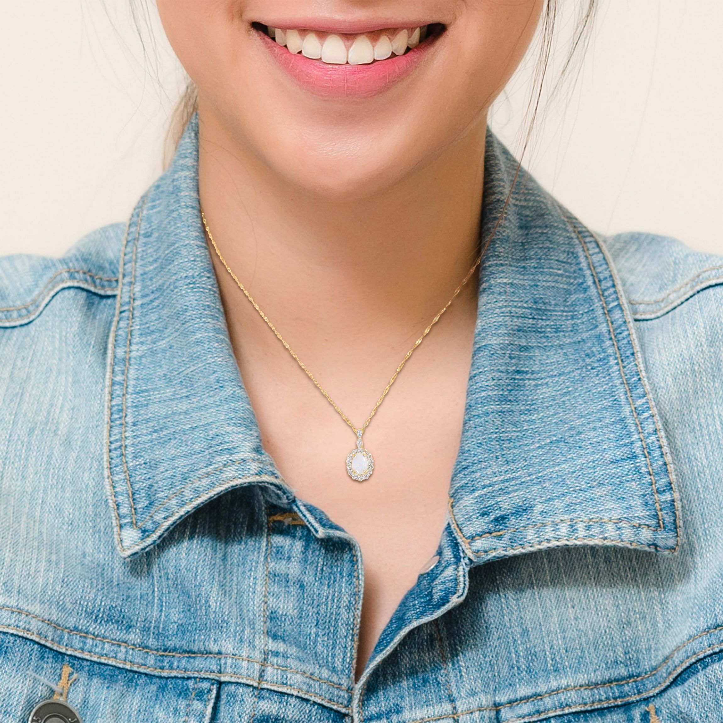 Opal and White Topaz with Diamond Accent Halo Pendant with Chain in 14K Yellow Gold
