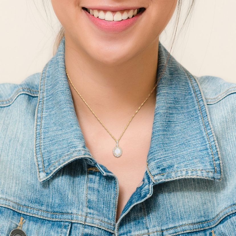 Opal and White Topaz with Diamond Accent Halo Pendant with Chain in 14K Yellow Gold