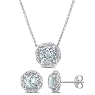 Belk & Co 2-Pc Set of Aquamarine and 1/3 ct. t.w. Diamond Halo Earrings and Necklace in 10K White Gold