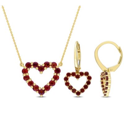 Belk & Co 2-Pc Set of Garnet Open Heart Earrings and Necklace in 10K Yellow Gold